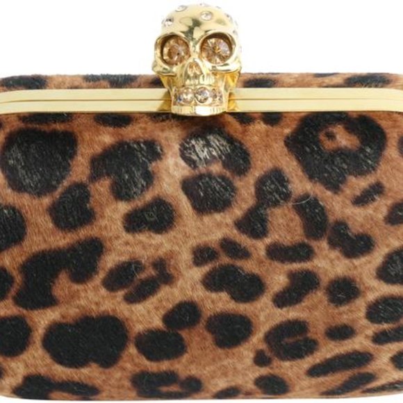 Alexander McQueen Box Leopard Print Calf Hair Skull Multicolor Leather Clutch - Picture 5 of 11
